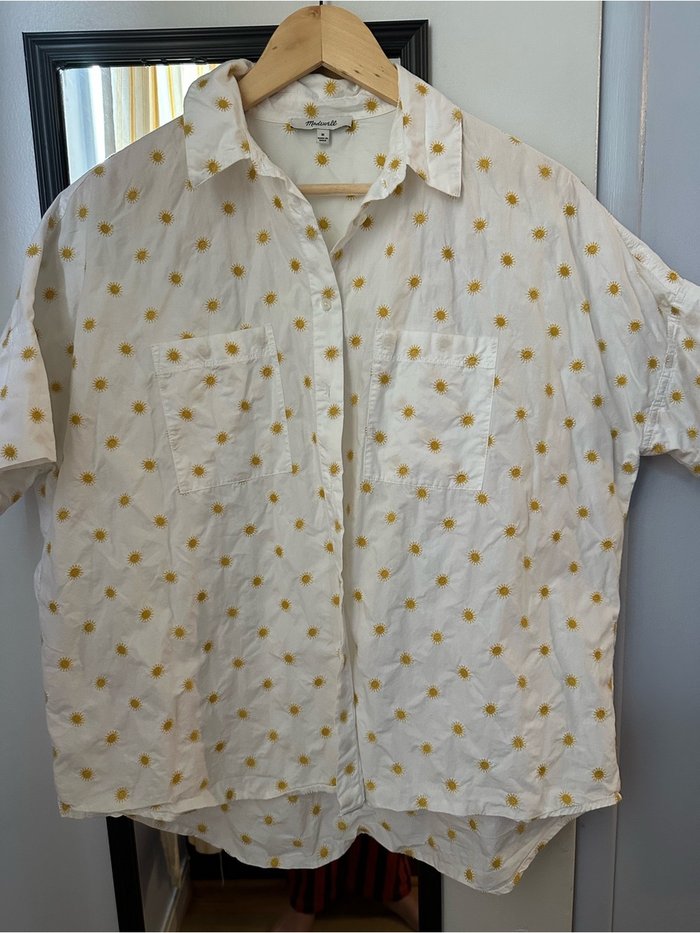 Madewell embroidered sun button down short sleeve top